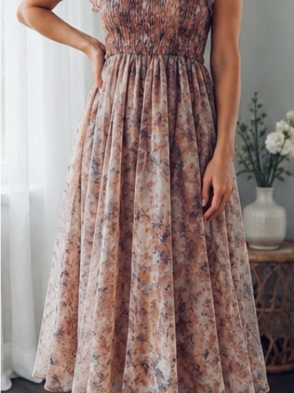 Arula Smocked Floral Midi Dress | Sheer Overlay | Ruffle Sleeves | Size A (L/XL)